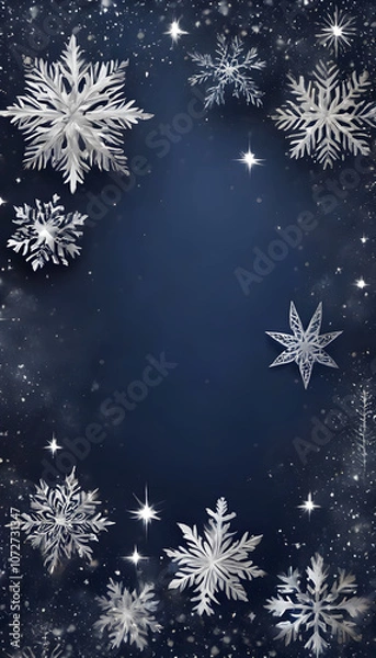 Fototapeta A festive winter background with silver snowflakes and stars on a dark blue backdrop, creating a magical and elegant holiday atmosphere.