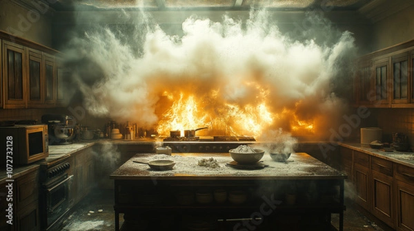 Fototapeta A chaotic kitchen scene with flames and smoke engulfing the stovetop, flour scattered everywhere, capturing a disastrous cooking attempt turned explosive.