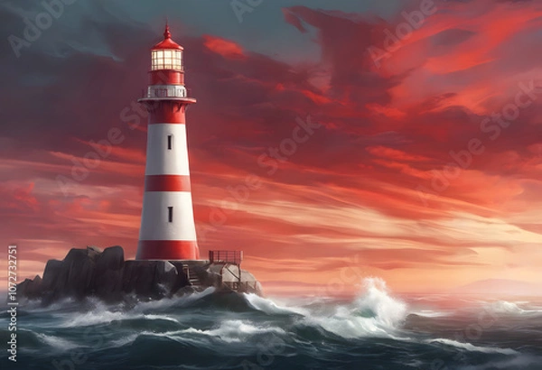 Fototapeta A red and white lighthouse stands on a rocky shore amidst turbulent ocean waves under a cloudy sky.