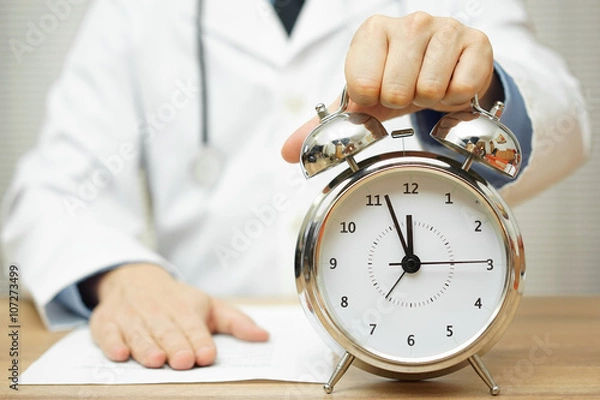 Fototapeta after reading diagnose, doctor is showing clock to patient to ma