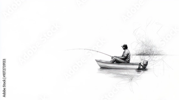 Fototapeta Pencil sketch outline of a man sitting in a boat and fishing at lake