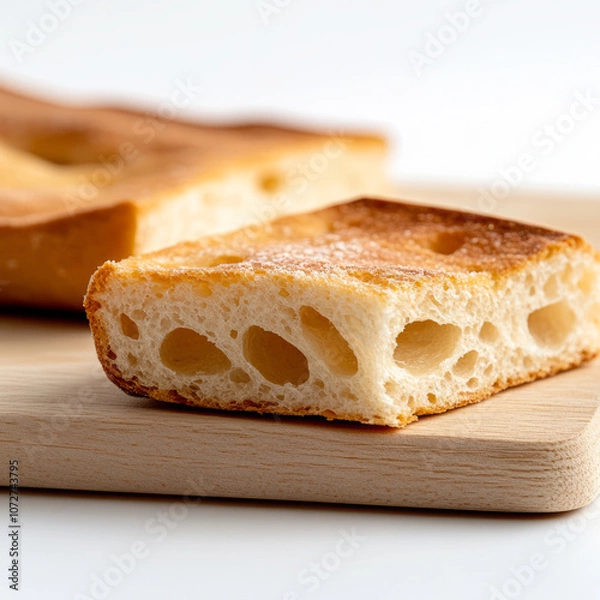 Fototapeta Freshly baked sourdough bread slice showcasing golden crust and airy texture, perfect for sandwiches or toasting. Ideal for culinary enthusiasts and food photography