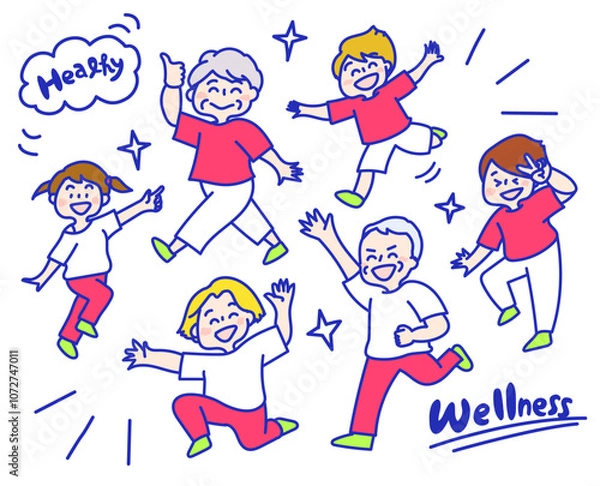 Obraz 子どもからお年寄りまで元気に踊っている健康的な家族（赤白の服）