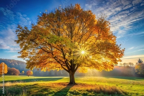 Fototapeta Crisp morning light illuminating the changing leaves of a deciduous tree, tree, fall