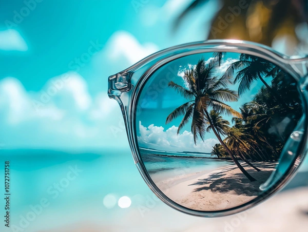 Fototapeta a pair of stylish sunglasses reflects the serene image of palm trees and a crystal clear ocean, perfectly representing the vibe of summer