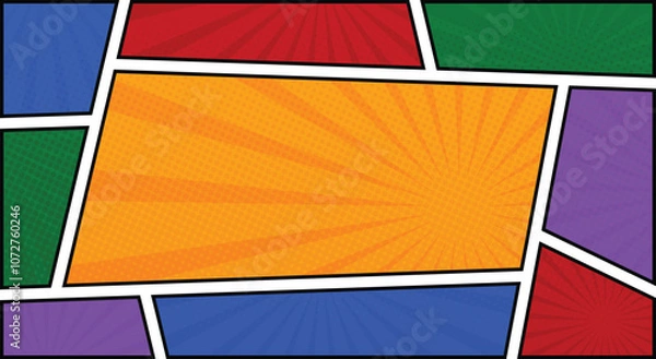 Obraz comic book frame panel colorful background with spiral rays and halftone dots