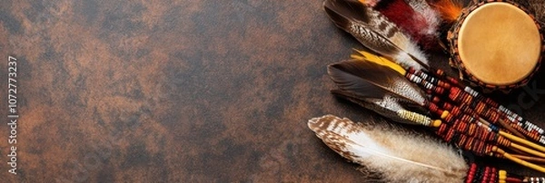 Obraz Celebration of canadian indigenous peoples day with traditional feathers and drum flat lay