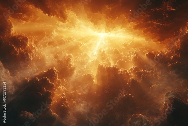 Fototapeta Divine light breaking through dark clouds, illuminating the landscape below, capturing a powerful and dramatic scene that symbolizes God's presence and spiritual power.
