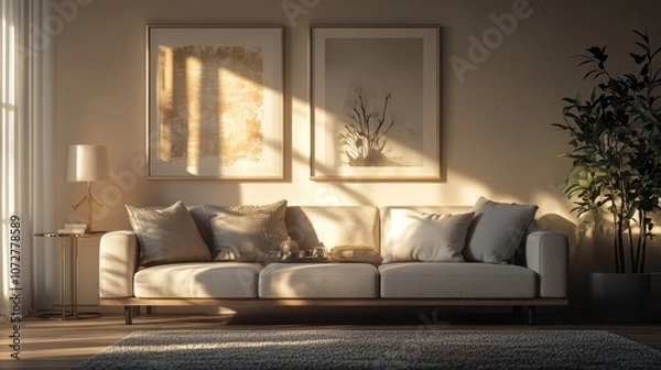 Fototapeta Hyperrealistic photo of a chic living room with sleek, modern furniture and soft-toned decor, bathed in natural light. The cozy ambiance is captured with high-end styling and ultra-detailed 32k