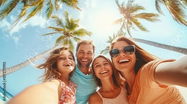 Obraz High-resolution photorealistic photograph of a family of four sharing a selfie moment on a sunny beach, with palm trees and clear skies in the background Styled like a high-end lifestyle magazine