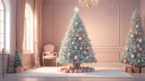 Fototapeta A sparkling, silver-and-white tree with crystal ornaments, lit by elegant chandeliers in a modern living room.