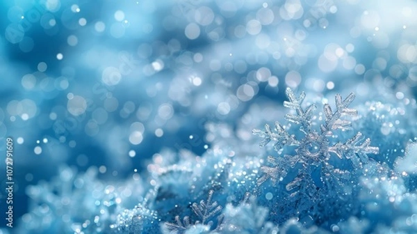 Fototapeta A single snowflake stands out against a backdrop of snow and twinkling blue lights.