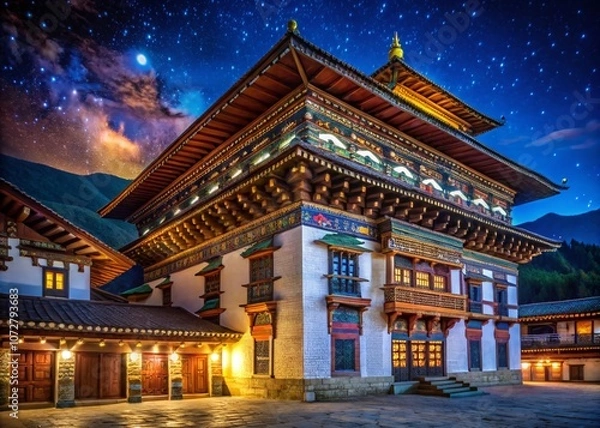 Fototapeta Night Photography of a Beautifully Decorated Monastery Facade in Bhutan with Traditional Elements Illuminated by Soft Lights Against a Starry Sky