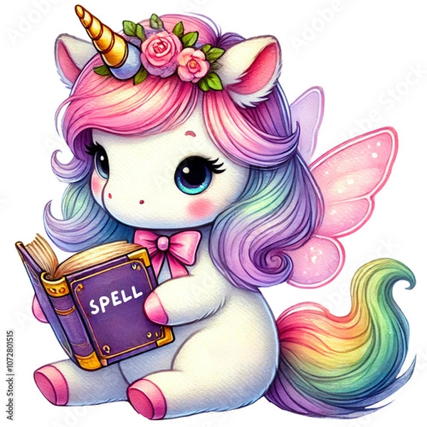Fototapeta Rainbow Fairy Unicorn Illustrations Collection, A charming set of illustrations featuring rainbow-colored unicorns with wings, crowns, and flowers. Perfect for fantasy and children's designs
