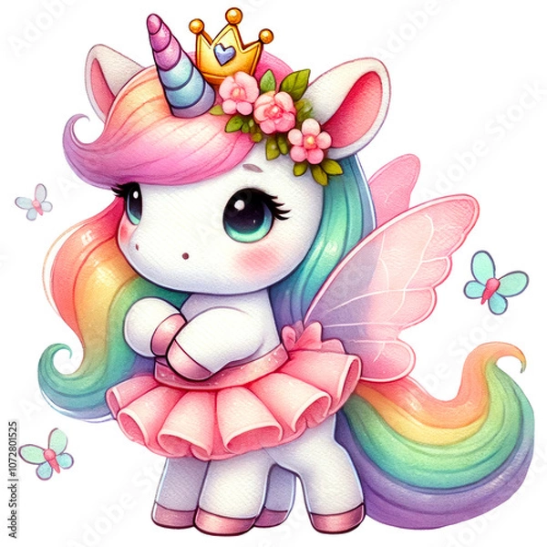 Fototapeta Rainbow Fairy Unicorn Illustrations Collection, A charming set of illustrations featuring rainbow-colored unicorns with wings, crowns, and flowers. Perfect for fantasy and children's designs
