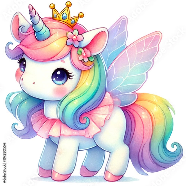 Fototapeta Rainbow Fairy Unicorn Illustrations Collection, A charming set of illustrations featuring rainbow-colored unicorns with wings, crowns, and flowers. Perfect for fantasy and children's designs
