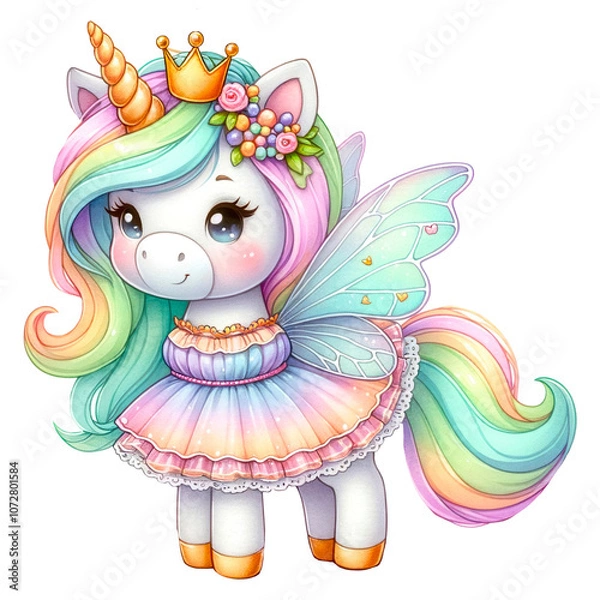 Fototapeta Rainbow Fairy Unicorn Illustrations Collection, A charming set of illustrations featuring rainbow-colored unicorns with wings, crowns, and flowers. Perfect for fantasy and children's designs
