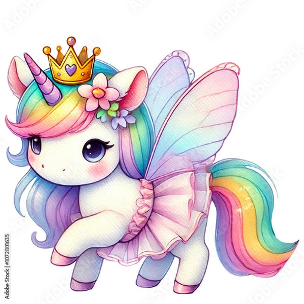 Fototapeta Rainbow Fairy Unicorn Illustrations Collection, A charming set of illustrations featuring rainbow-colored unicorns with wings, crowns, and flowers. Perfect for fantasy and children's designs
