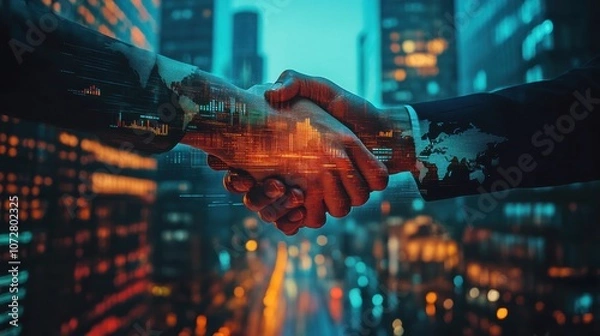 Obraz A digital handshake overlayed with global financial data, symbolizing international banking partnerships and financial collaboration in a modern cityscape.