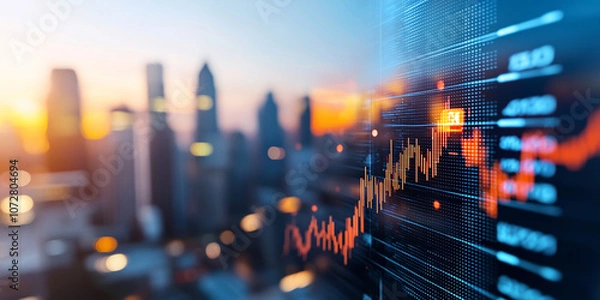 Fototapeta dynamic city skyline merges with financial data, reflecting economic growth and urban development. vibrant scene captures essence of modern business and technology