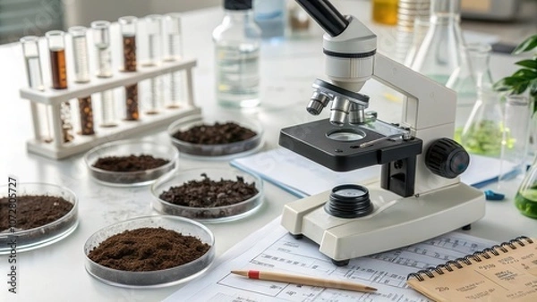 Fototapeta Microscope Analyzing Soil Samples in a Lab Setting With Generative AI