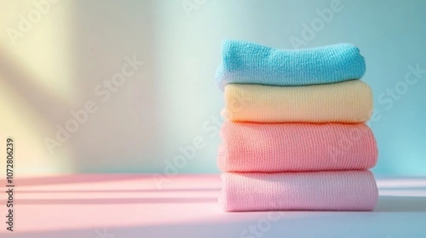 Fototapeta A neatly stacked pile of pastel-colored, knitted sweaters set against a soft gradient background, creating a cozy and minimalist aesthetic.