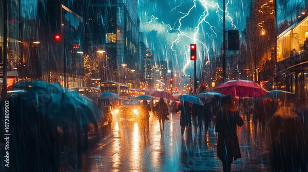 Obraz Urban Storm Surge: Chaos in the Rain