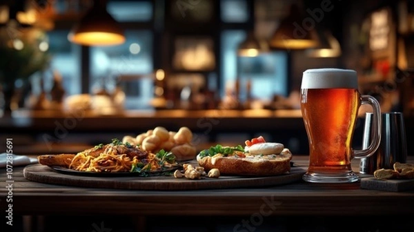 Fototapeta Cozy Pub Interior with Dim Lighting and Food Setup