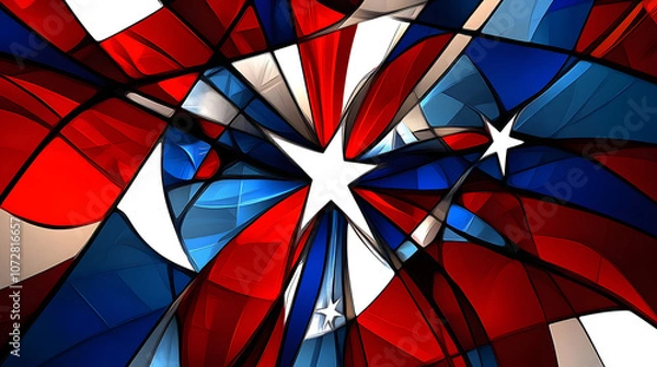 Fototapeta Abstract red and blue geometric shapes with white star motifs and artistic design.