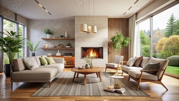 Fototapeta Serene Minimalist Living Room with Fireplace, Neutral Tones, Comfortable Seating, Soft Rug, and Ample Copy Space for Your Design Needs