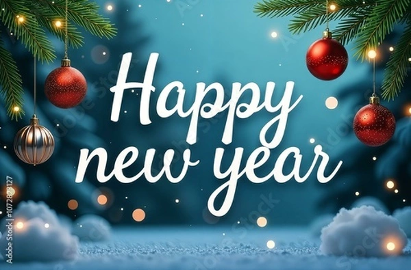 Fototapeta Christmas tree branches with red and silver toy balls, on a blue background with the text "Happy New Year". New Year card, banner.