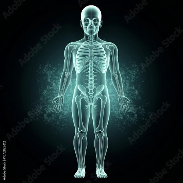 Fototapeta A digital of a human skeleton in a standing position, in a semi-transparent, glowing style with a blue-green color palette against a dark background