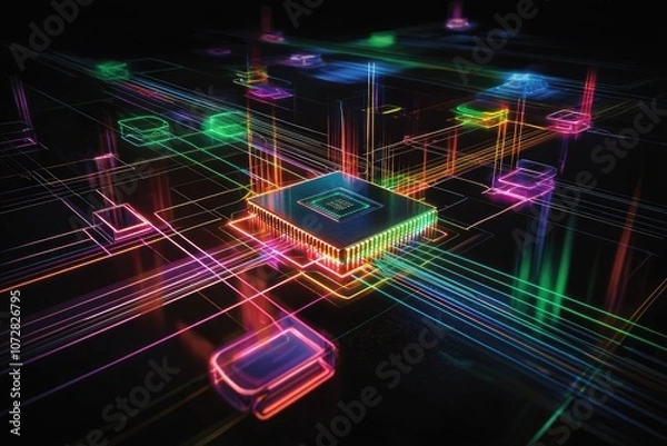 Fototapeta Futuristic Digital Circuit Board with Vibrant Light Trails and Colorful Connections Representing Advanced Computer Technology and Connectivity in Data Processing