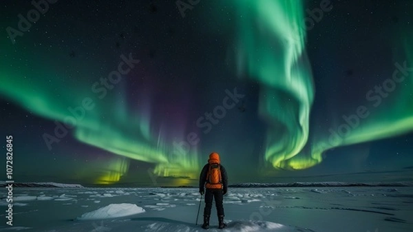 Fototapeta An adventurer in polar gear standing on an icy field, witnessing the Northern Lights. Northern Lights, polar exploration, icy landscape, Arctic adventure, aurora borealis.