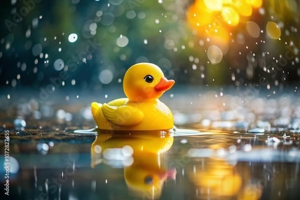 Fototapeta Serene Yellow Rubber Duck in a Rainy Puddle: Nature's Playful Dance Captured in Fashion Photography Style