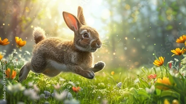 Fototapeta A brown rabbit hops through a field of wildflowers, bathed in the warm glow of the sun. The rabbit's fur is soft and fluffy, and its eyes are bright and alert.