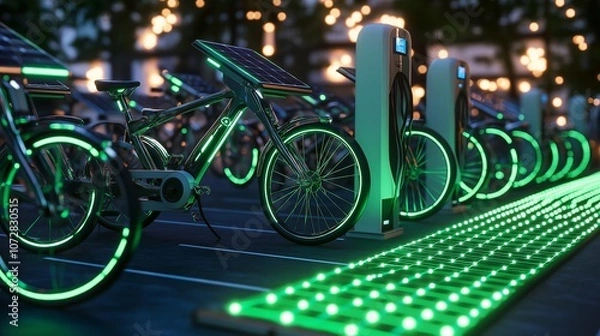 Fototapeta A network of sleek electric bicycles parked at a solar-powered charging station in a clean, modern city. The station is equipped with glowing green panels that harness renewable energy