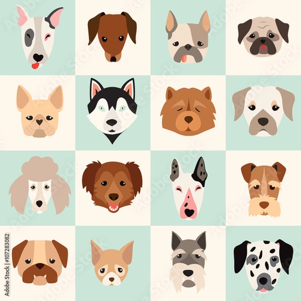 Fototapeta Set of cute dogs icons, vector flat illustrations. Popular dogs breeds, pattern, card, game graphics.