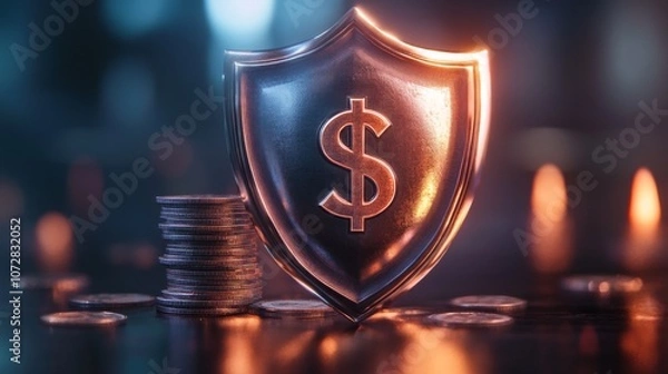 Fototapeta Financial Shield Against Crisis : A strong shield with a dollar sign on it, protecting a stack of coins, representing financial resilience and protection against economic crises
