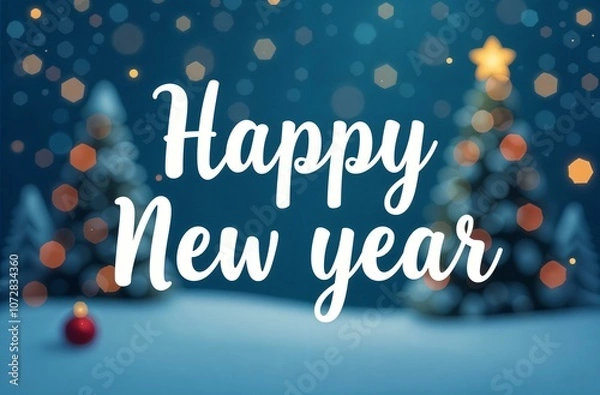 Fototapeta Christmas tree with red and silver toy balls, on a blue background with the text "Happy New Year". New Year card, banner.