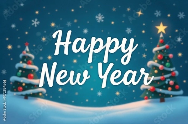 Fototapeta Christmas tree with red and silver toy balls, on a blue background with the text "Happy New Year". New Year card, banner.
