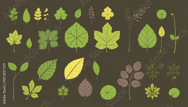 Fototapeta Detailed illustration of various leaf shapes and types, showcasing diversity in nature.