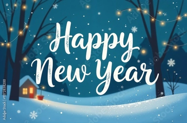 Fototapeta The inscription "Happy New Year" against the backdrop of a house with glowing windows. New Year postcard, banner.