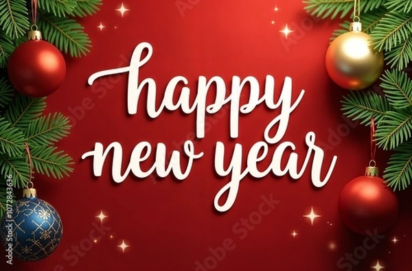 Fototapeta Fir branches with red and golden balls on the sides with the inscription "Happy New Year", postcard, banner on a red background