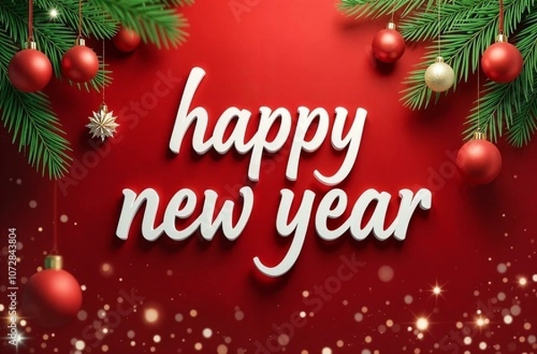 Fototapeta Fir branches with red and golden balls on the sides with the inscription "Happy New Year", postcard, banner on a red background