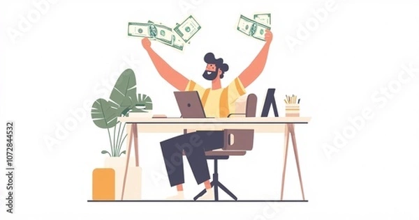 Fototapeta person with a laptop and money, The money falling from the sky