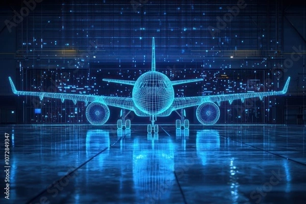 Fototapeta Blue wireframe airplane emphasizes modern aviation in front of a digital hangar.