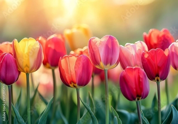 Fototapeta A field of flowers with a bright sun shining on them