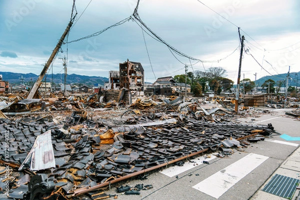 Fototapeta 能登半島地震 崩壊した輪島の町並み