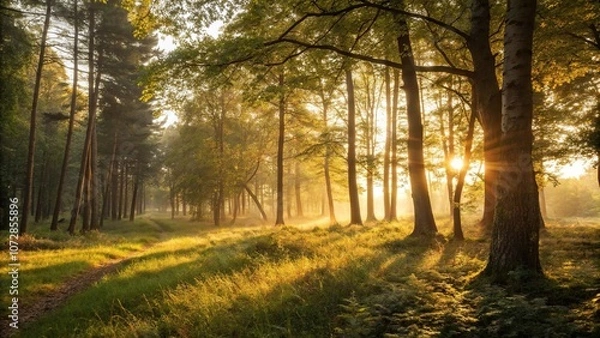 Obraz The last rays of sunlight filter through the trees as a serene forest glade is bathed in a warm golden light, vast landscape, time of day